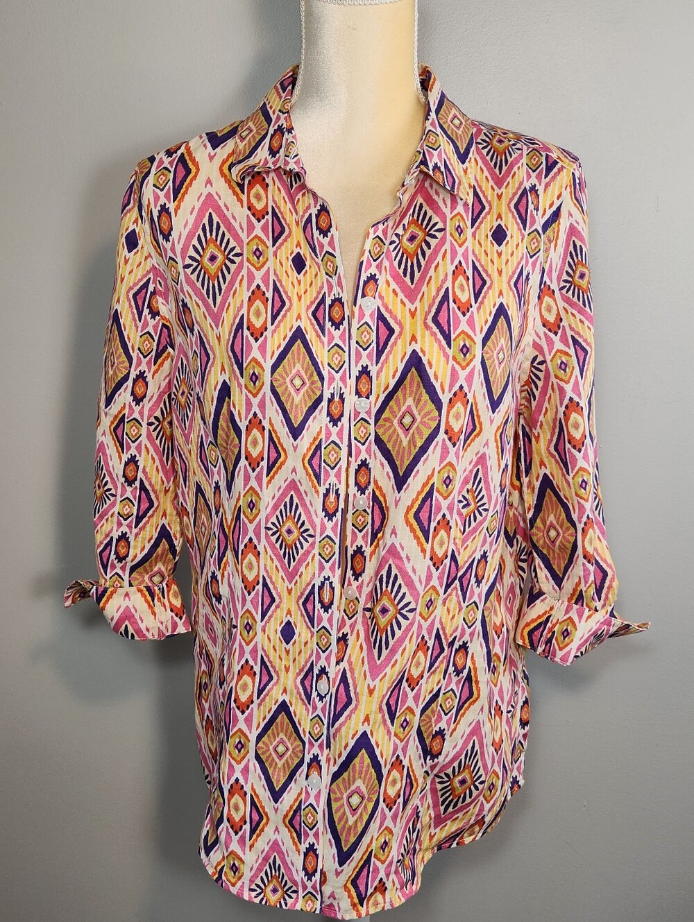 Chicos Linen Southwest Aztec Button Up Top 3/4 Sleeve Size 0 small/medium